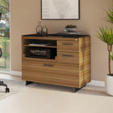 BDi Sequel 20 6117 Multi Function Cabinet in Natural Walnut, with a black base, beside a desk, in a home office