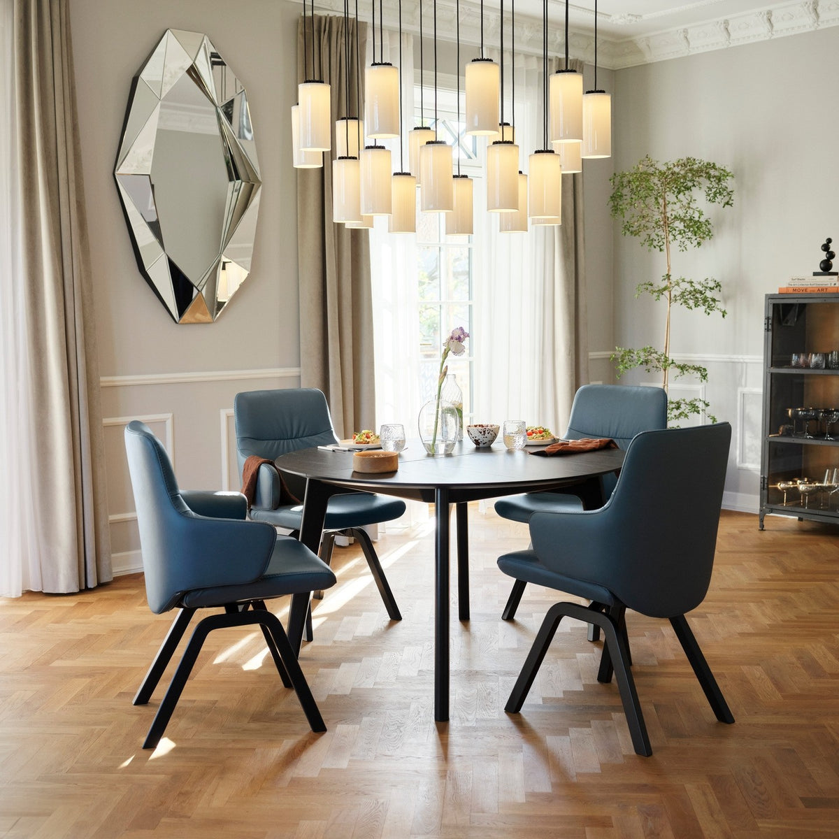 Stressless Mint Low Back Dining Chair with Vertical Legs (D100), room setting, shown in Paloma Teal Blue, D200 all-groups