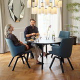 Stressless Mint Low Back Dining Chair with Vertical Legs (D100), room setting, shown in Paloma Teal Blue, D200 all-groups