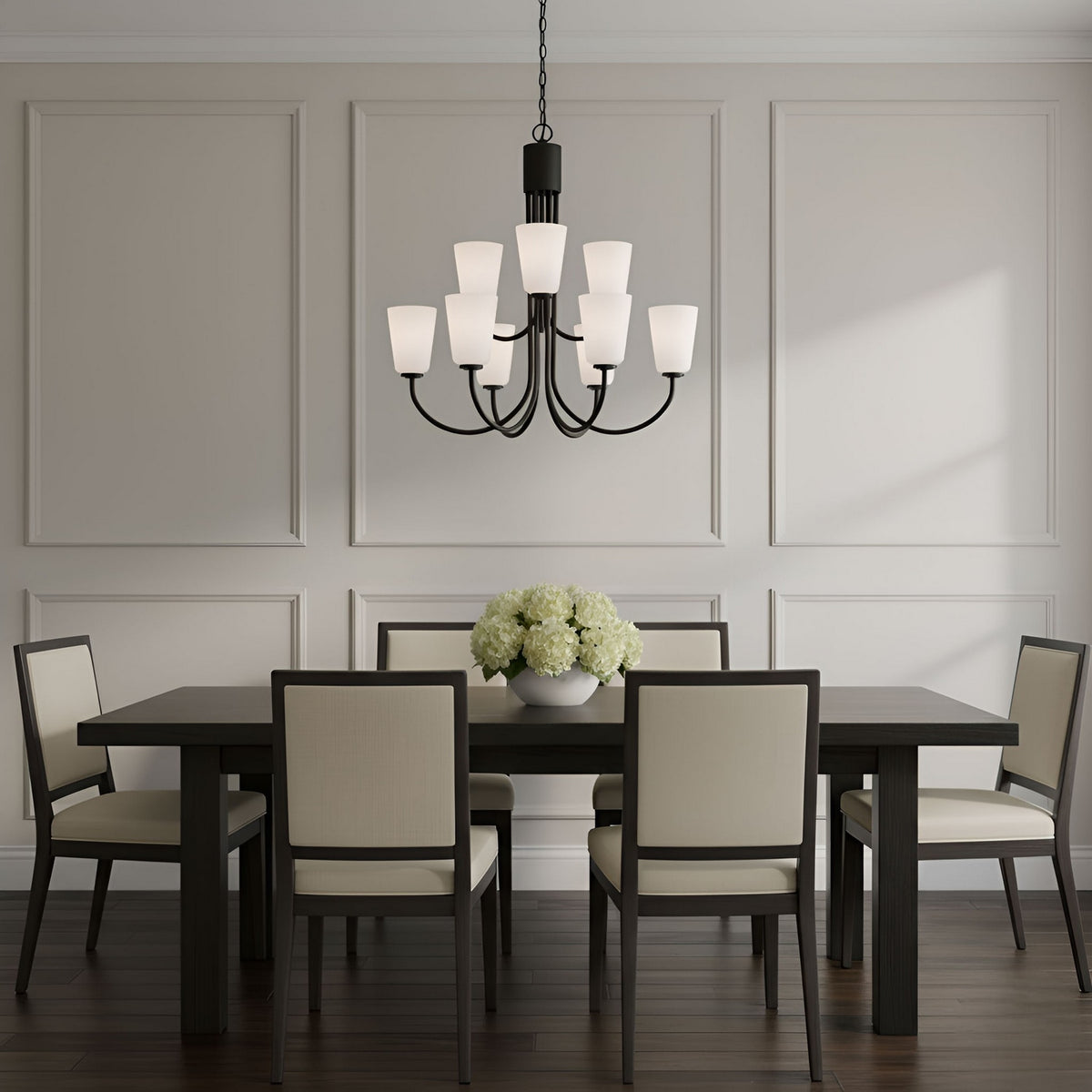 Miles Nine Light Chandelier — Etched white