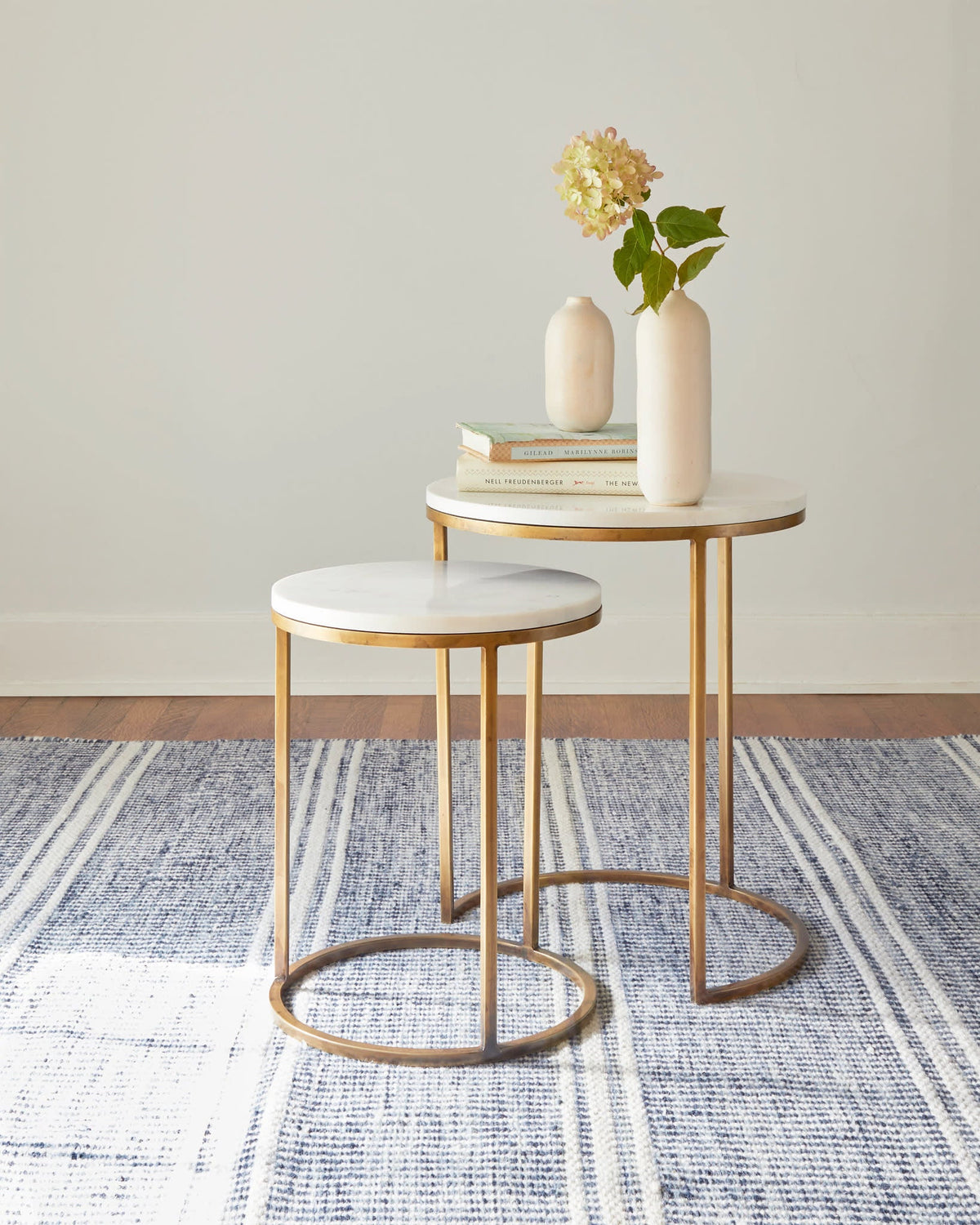 Dash & Albert Malta Handwoven Wool Rug in Blue, room with side tables