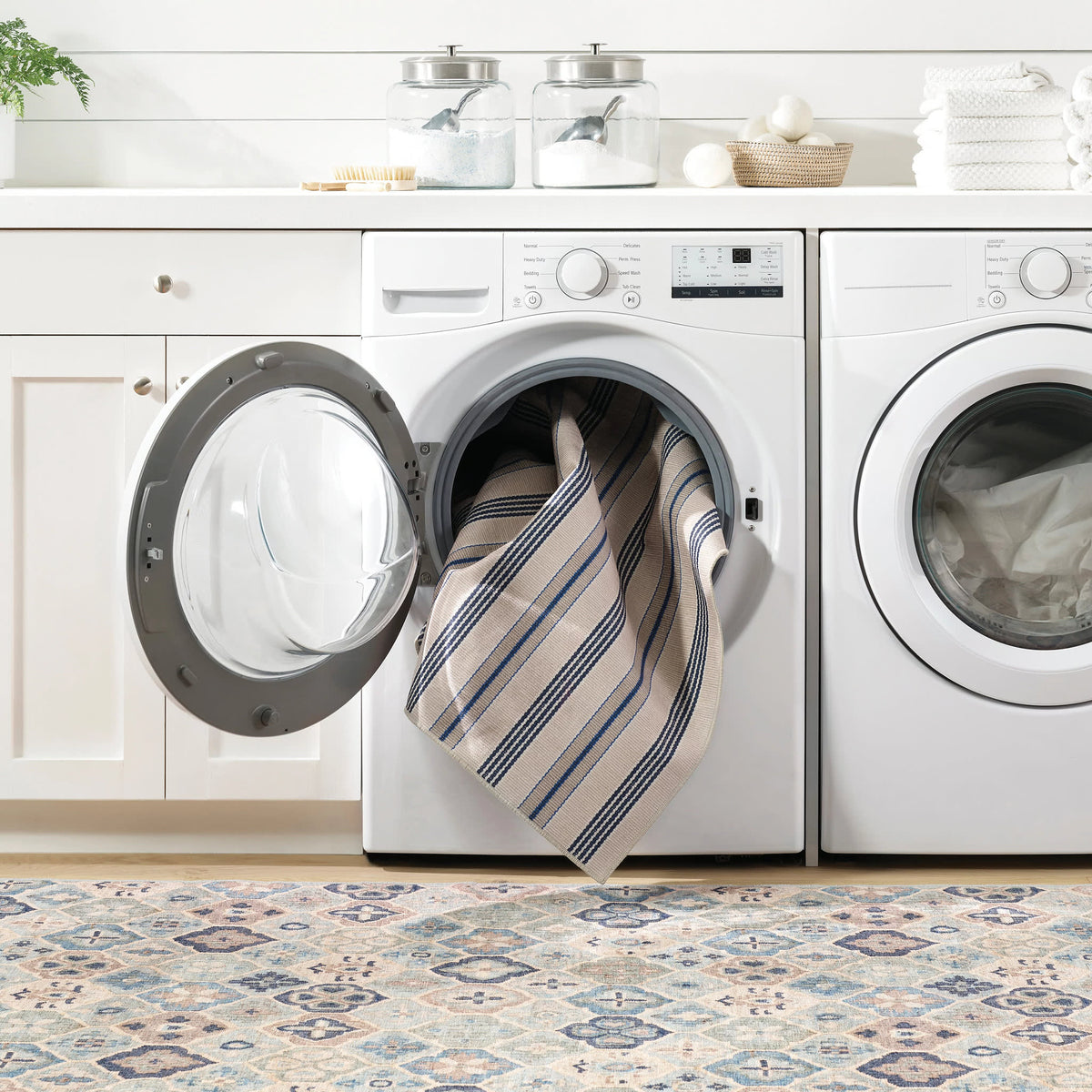 Dash & Albert Pali Machine Washable Rug in Blue, laundry room setting