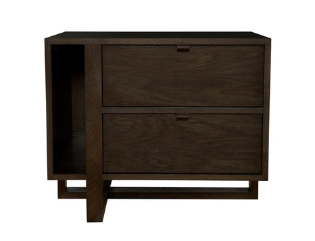 West Bros Fulton Magazine Nightstand in 89 Sand, angled view, shelf on the left