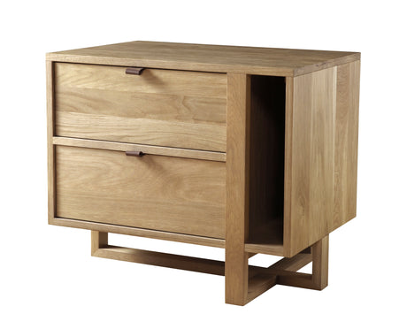 West Bros Fulton Magazine Nightstand in 89 Sand, on white, shelf on the right