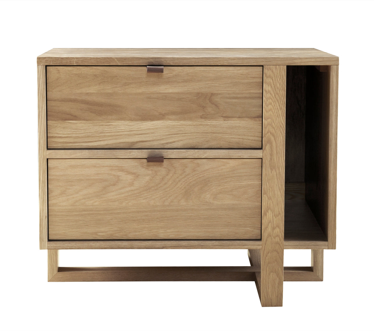 West Bros Fulton Magazine Nightstand in 89 Sand, angled view, shelf on the right