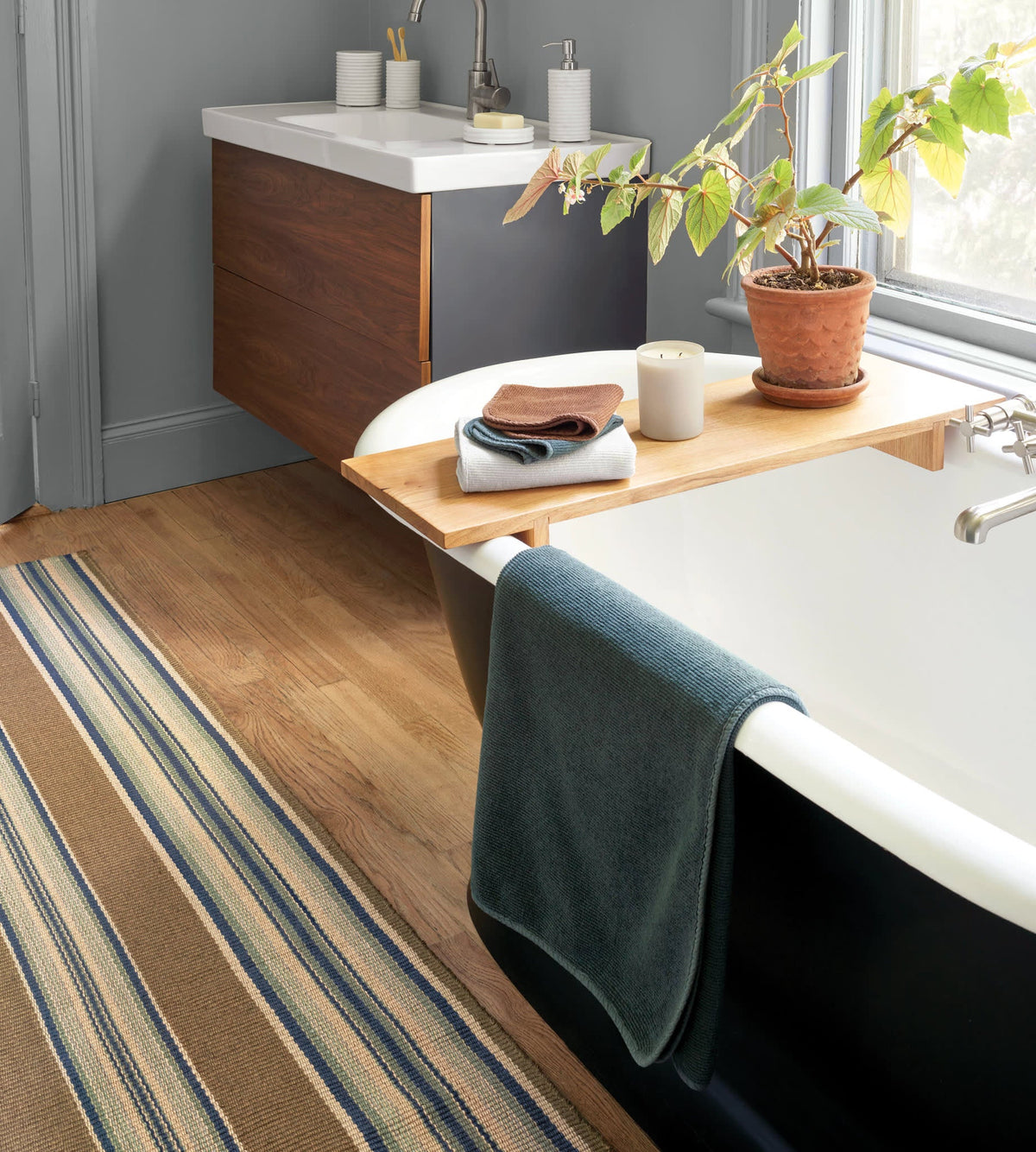 Dash & Albert Heron Stripe Handwoven Indoor/Outdoor Rug in Blue, bathroom runner