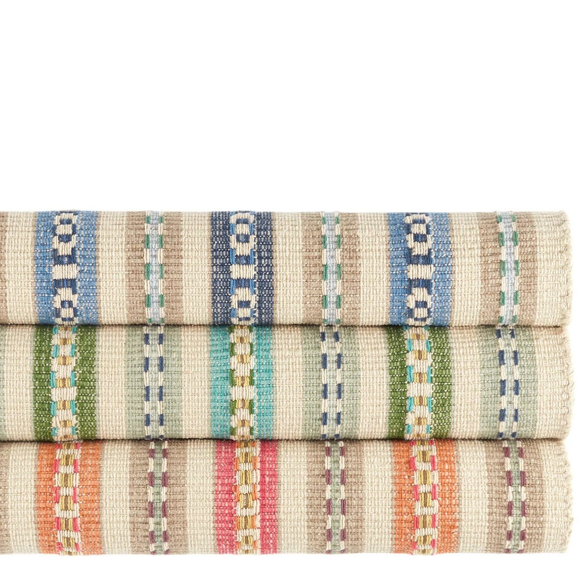 Dash & Albert Long Slade Handwoven Cotton Rug in Indigo, Teal and Spice, rolled stack