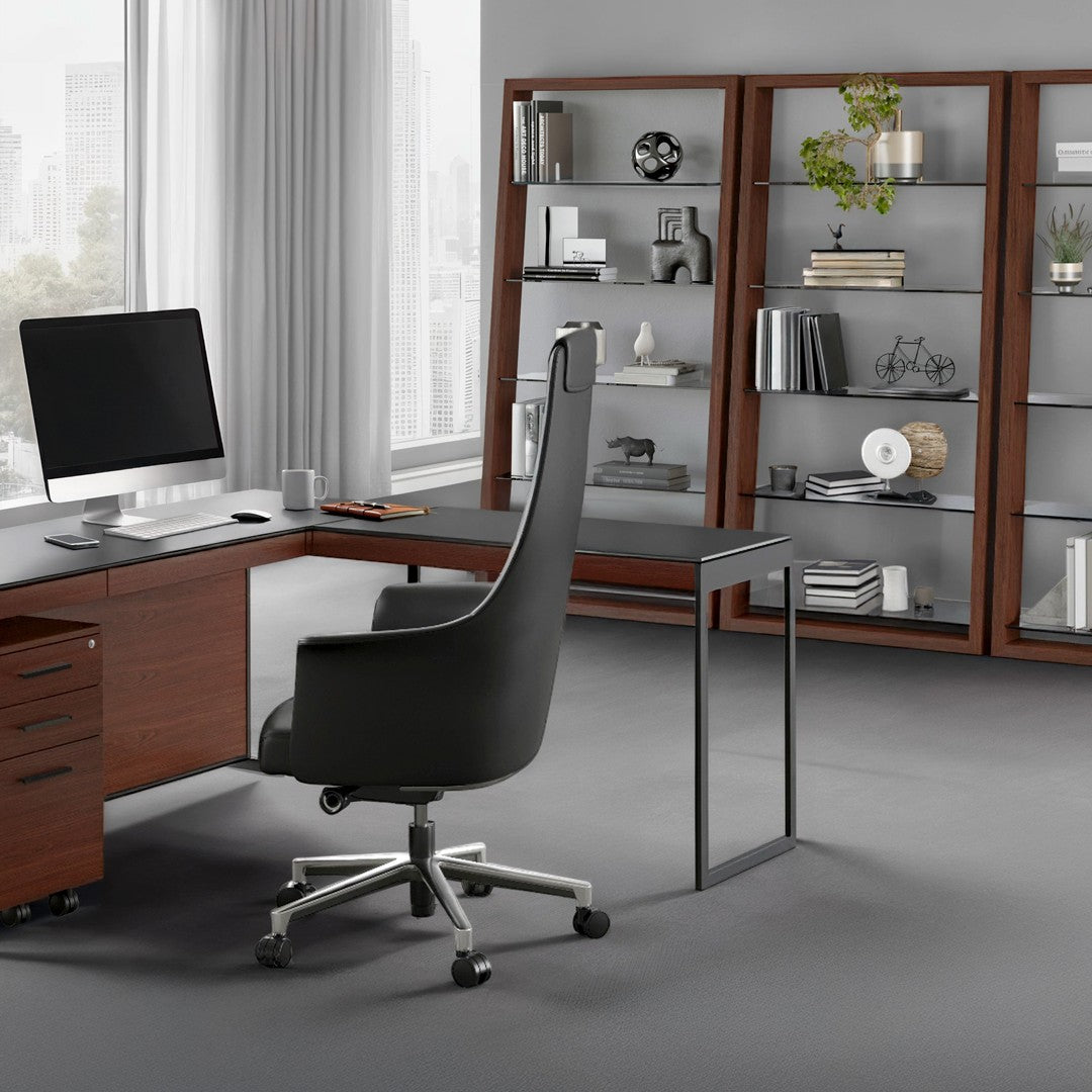 BDi Sequel 20 6112 Desk Extension in Chocolate Stained Walnut, with a black frame, joined to the desk, in an office