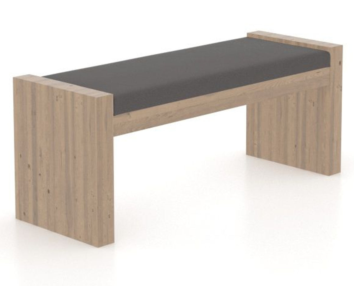 Canadel Loft Upholstered Bench 5073 in XU Faux Leather and 25 Pecan Washed, three-quarter view