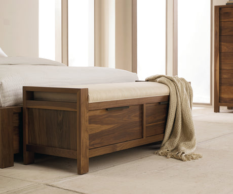 West Bros Phase Bench in 79 Toast, at the foot of the bed