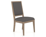 Canadel Loft Upholstered Dining Chair 312A in XU Faux Leather and 25 Pecan Washed, three-quarter view