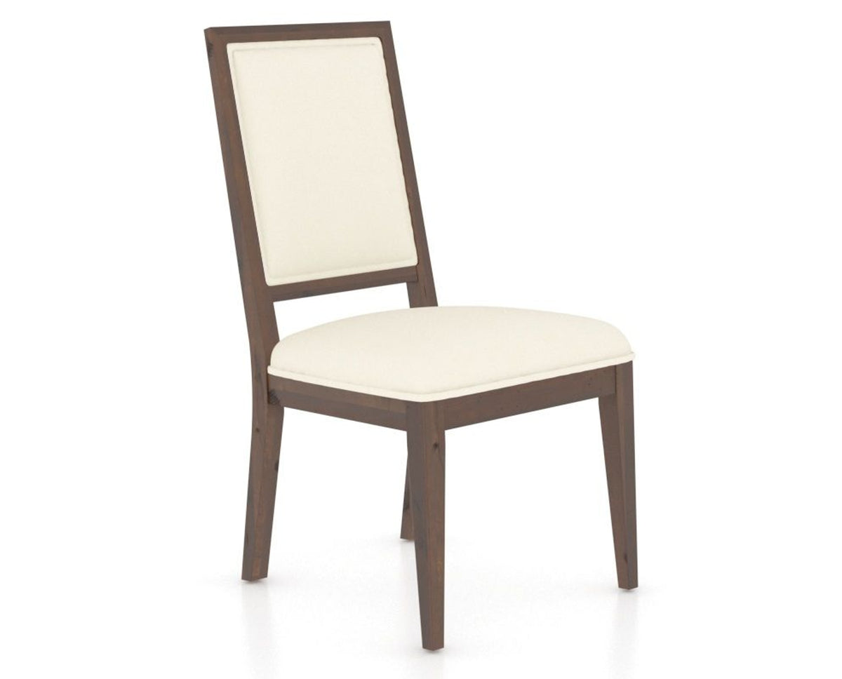 Canadel Loft Upholstered Dining Chair 312A in YJ Faux Leather and 19 Cognac Washed, three-quarter view