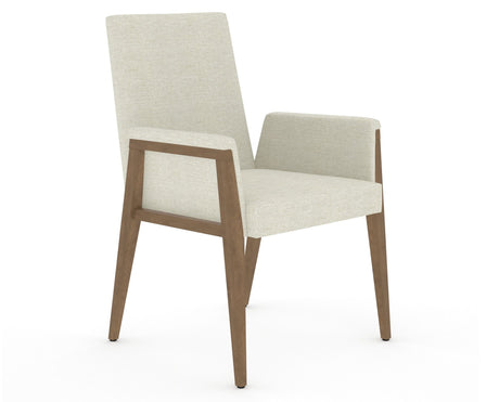 Canadel Modern Upholstered Dining Chair 5177 in Pecan Washed & Fabric TW, three-quarter view