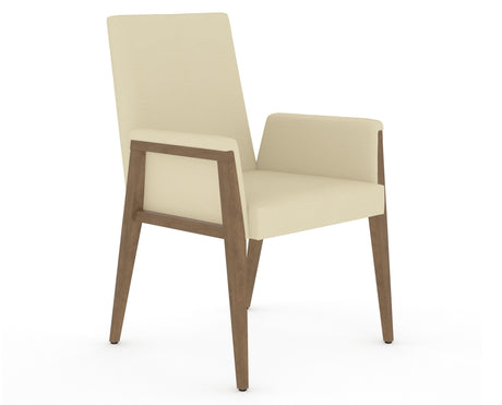 Canadel Modern Upholstered Dining Chair 5177 in XZ Faux Leather and 25 Pecan Washed, three-quarter view