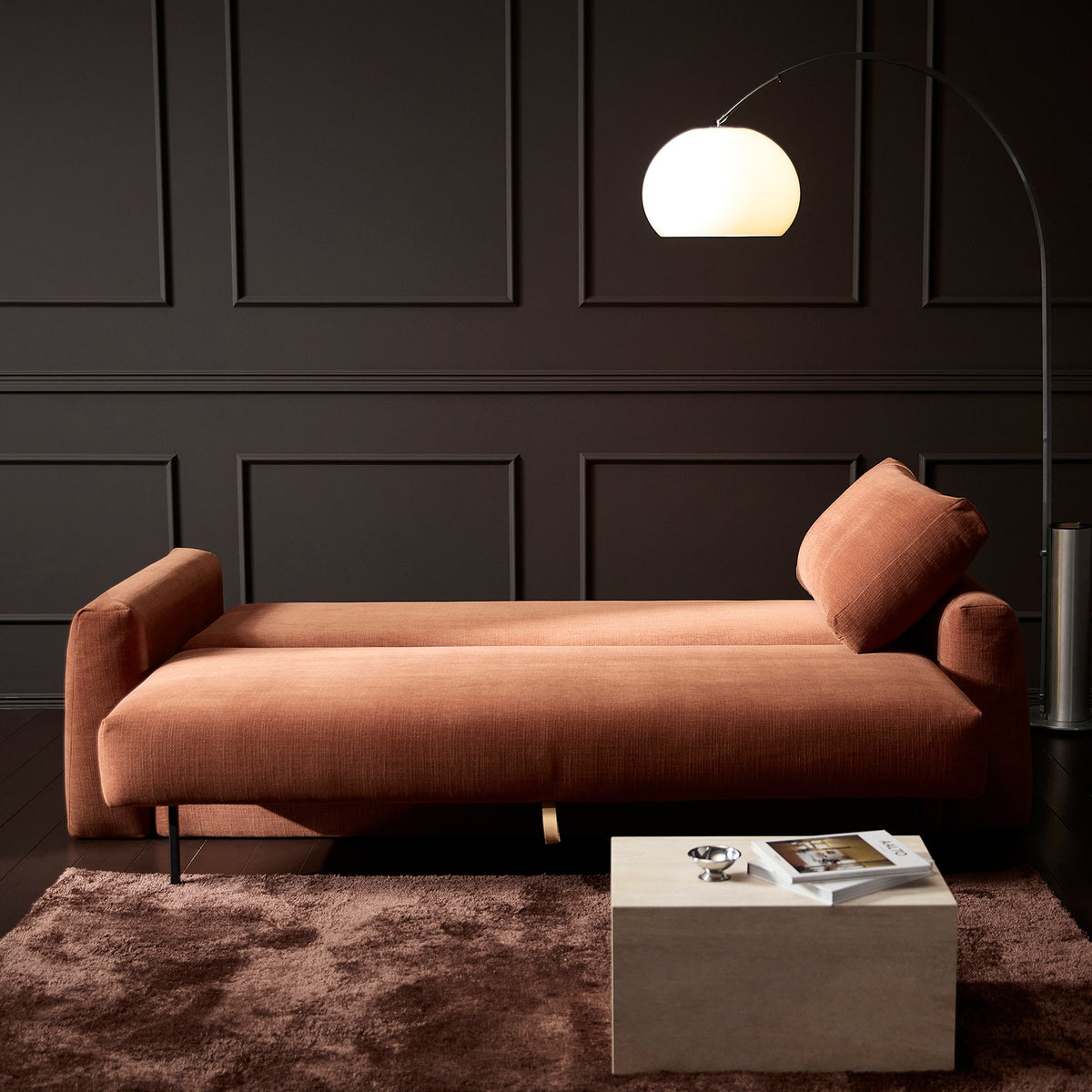 Innovation Living Cone Sleeper Sofa, room setting, shown in 412 Esina Rust Orange all-groups