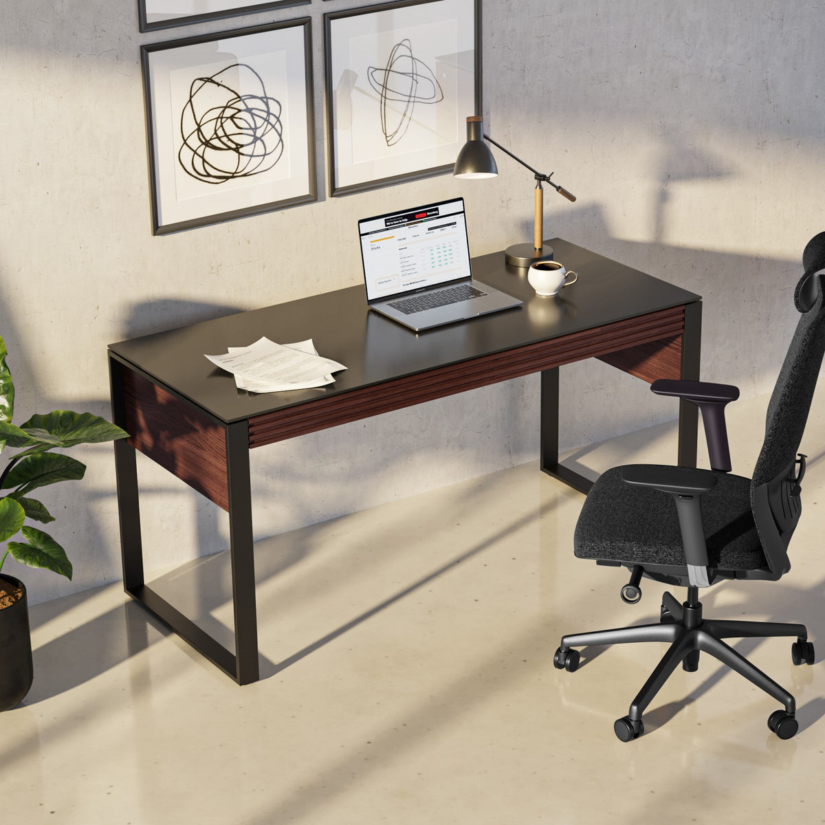 BDi Corridor 6501 Office Desk in Chocolate Stained Walnut, in a sunlit home office with a desk chair