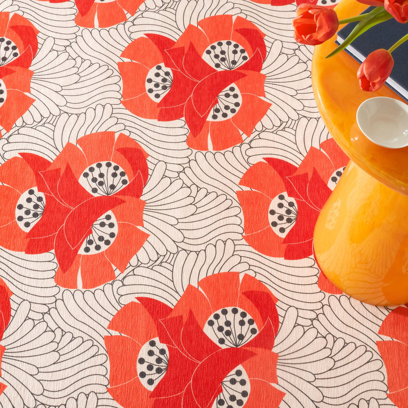 Japanese Poppy Machine Washable Rug