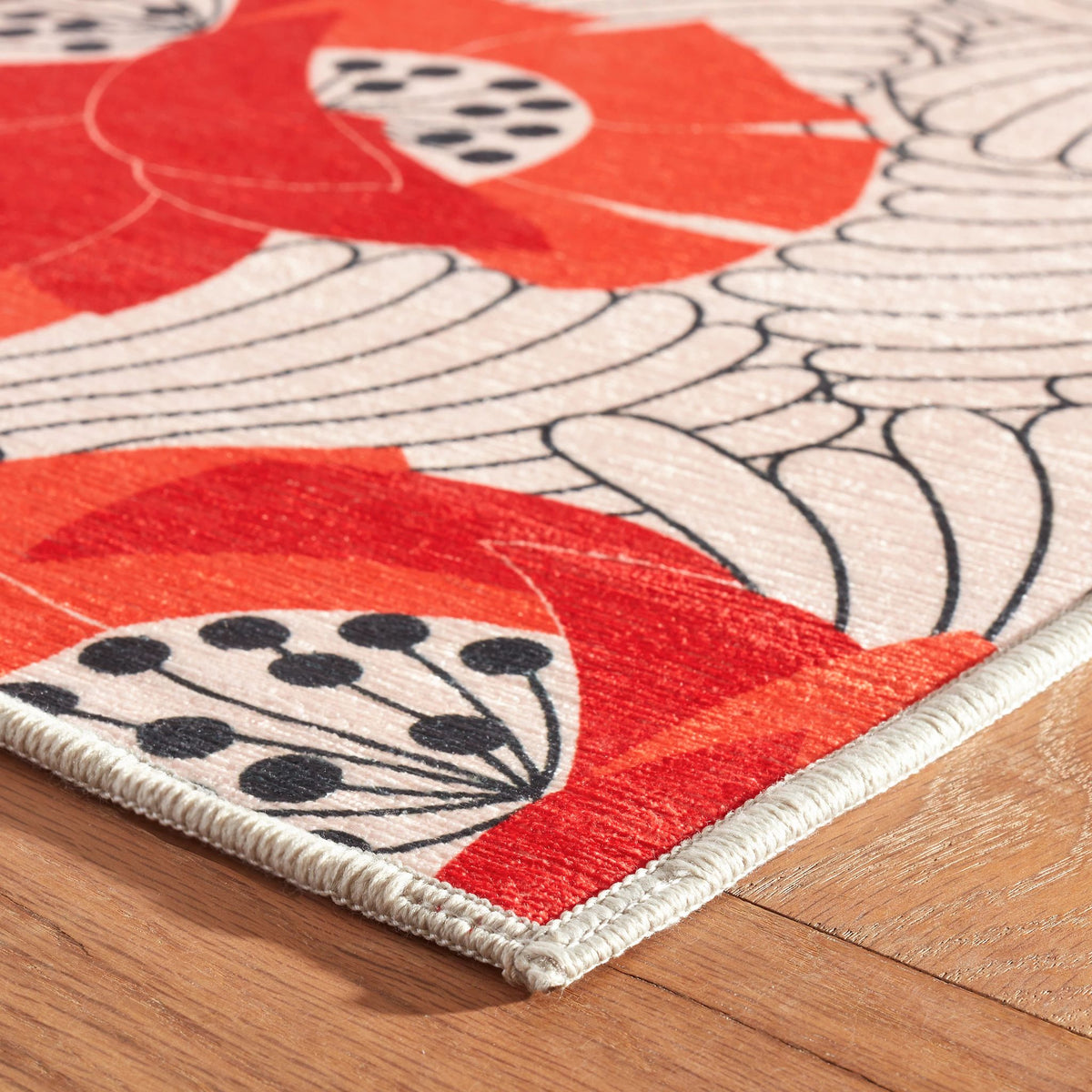 Japanese Poppy Machine Washable Rug