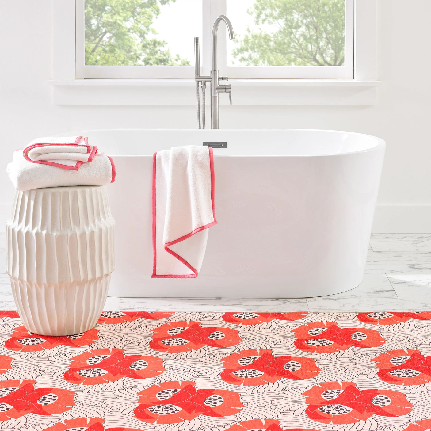 Japanese Poppy Machine Washable Rug