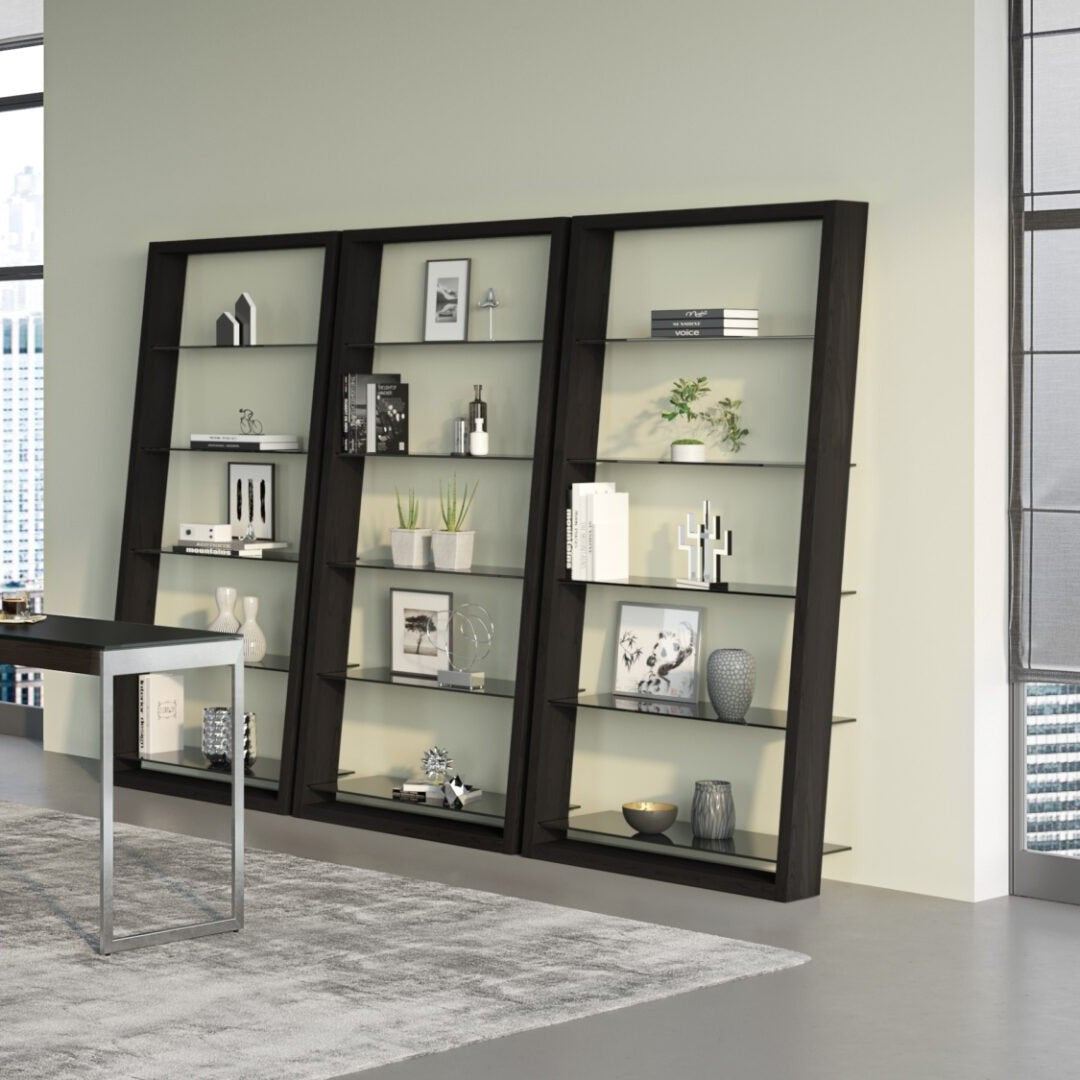 BDi Eileen 5166 Leaning Book Shelf in Charcoal Stained Ash, in a room setting