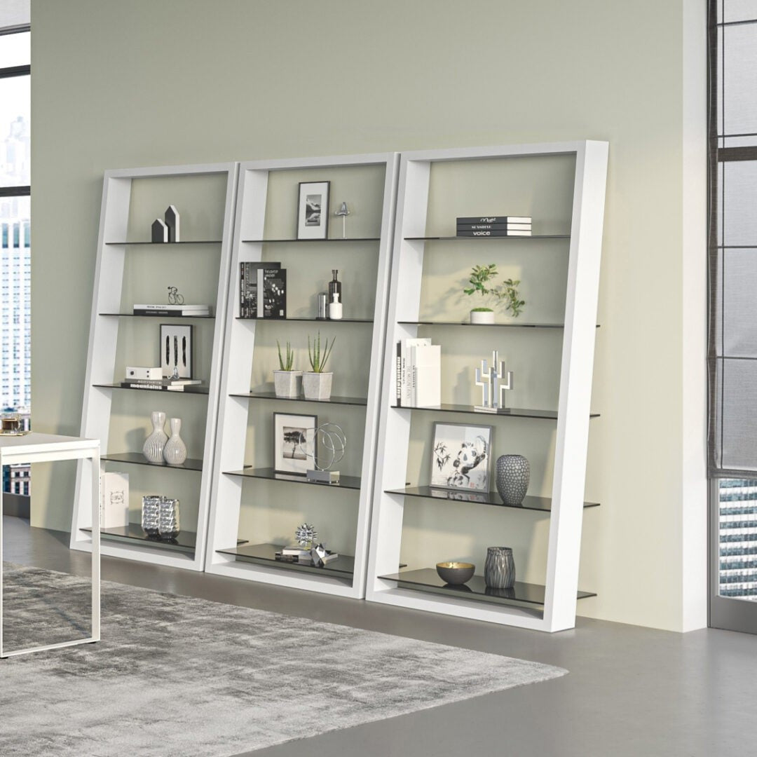 BDi Eileen 5166 Leaning Book Shelf in Satin White, in a room setting
