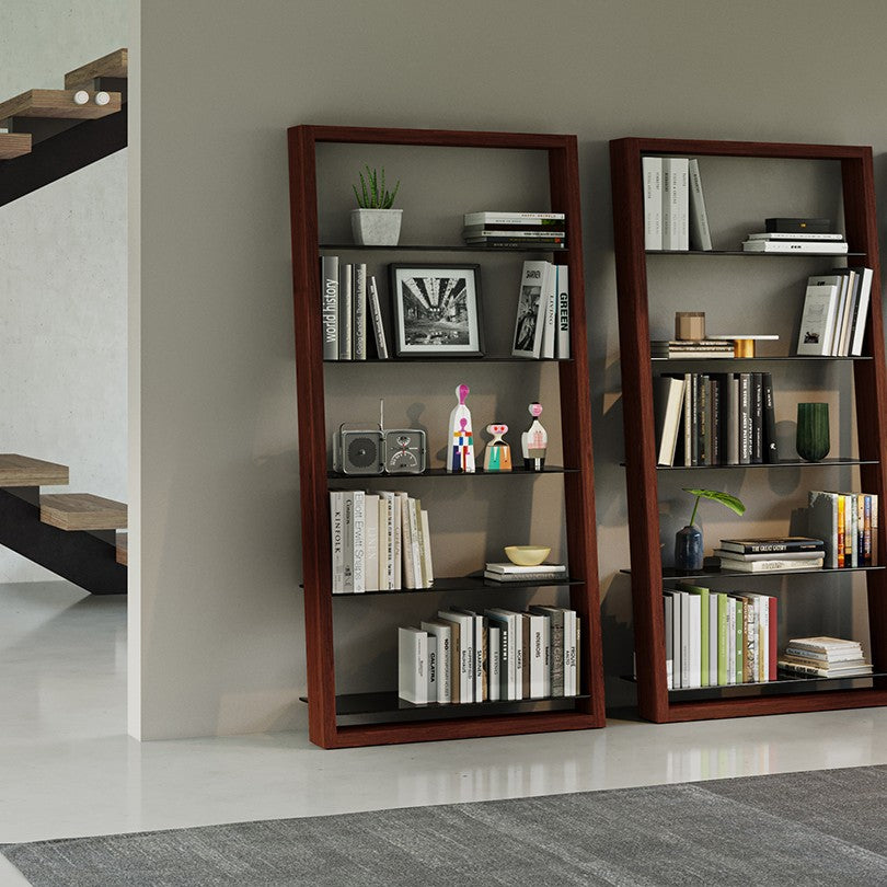 BDi Eileen 5166 Leaning Book Shelf in Chocolate Stained Walnut, three side by side in a living room with books