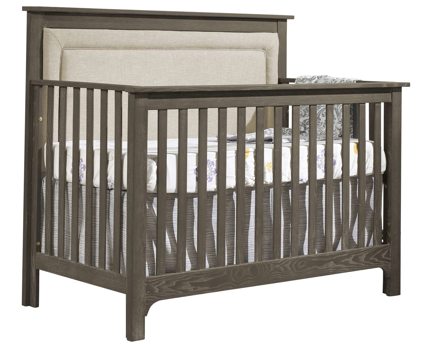 Grigio Brushed Oak with Talc Fabric | Emerson 5-in-1 Convertible Crib w/Talc Upholstered Headboard Panel | Valley Ridge Furniture