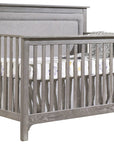 Owl Brushed Oak with Fog Fabric | Emerson 5-in-1 Convertible Crib w/Fog Upholstered Headboard Panel | Valley Ridge Furniture