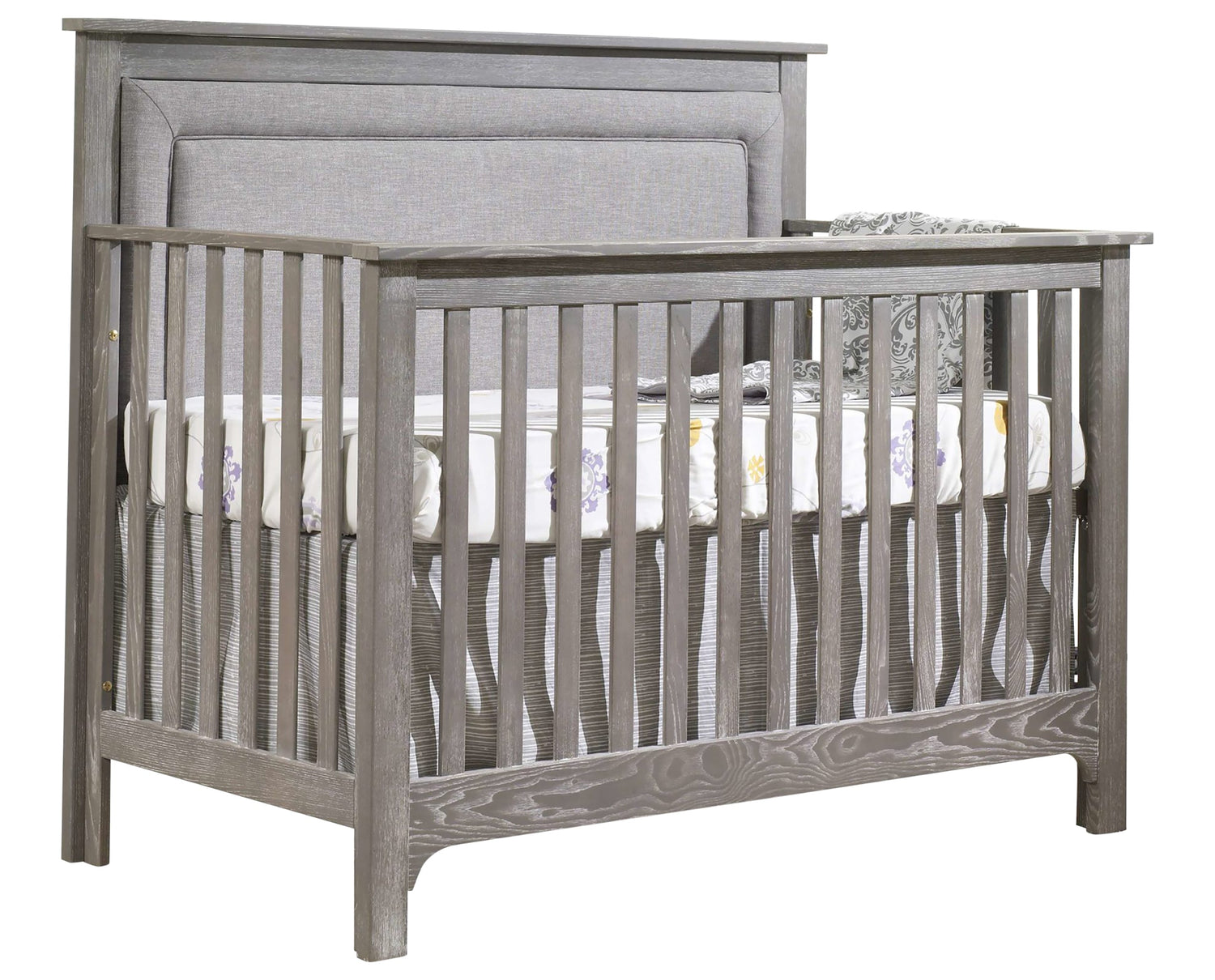 Owl Brushed Oak with Fog Fabric | Emerson 5-in-1 Convertible Crib w/Fog Upholstered Headboard Panel | Valley Ridge Furniture