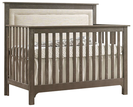 Sugar Cane Brushed Oak with Talc Fabric | Emerson 5-in-1 Convertible Crib w/Talc Upholstered Headboard Panel | Valley Ridge Furniture