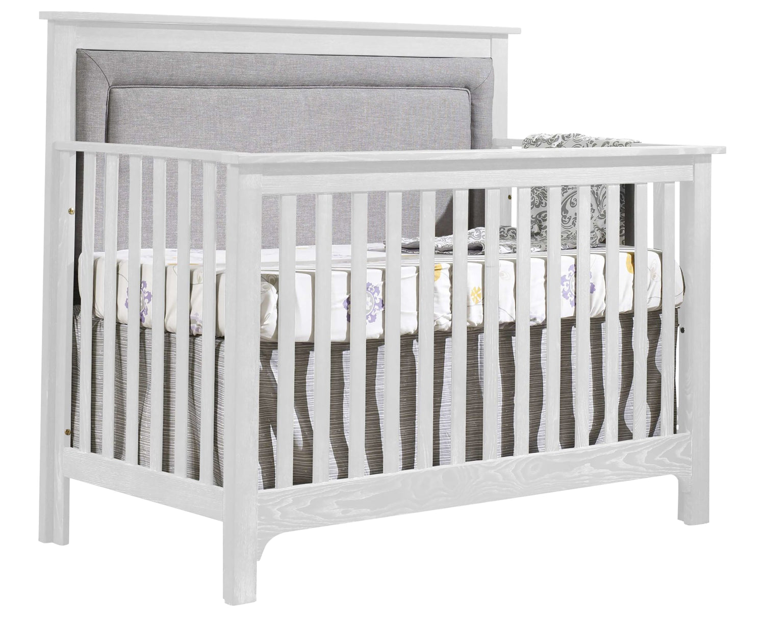 White Brushed Oak with Fog Fabric | Emerson 5-in-1 Convertible Crib w/Fog Upholstered Headboard Panel | Valley Ridge Furniture