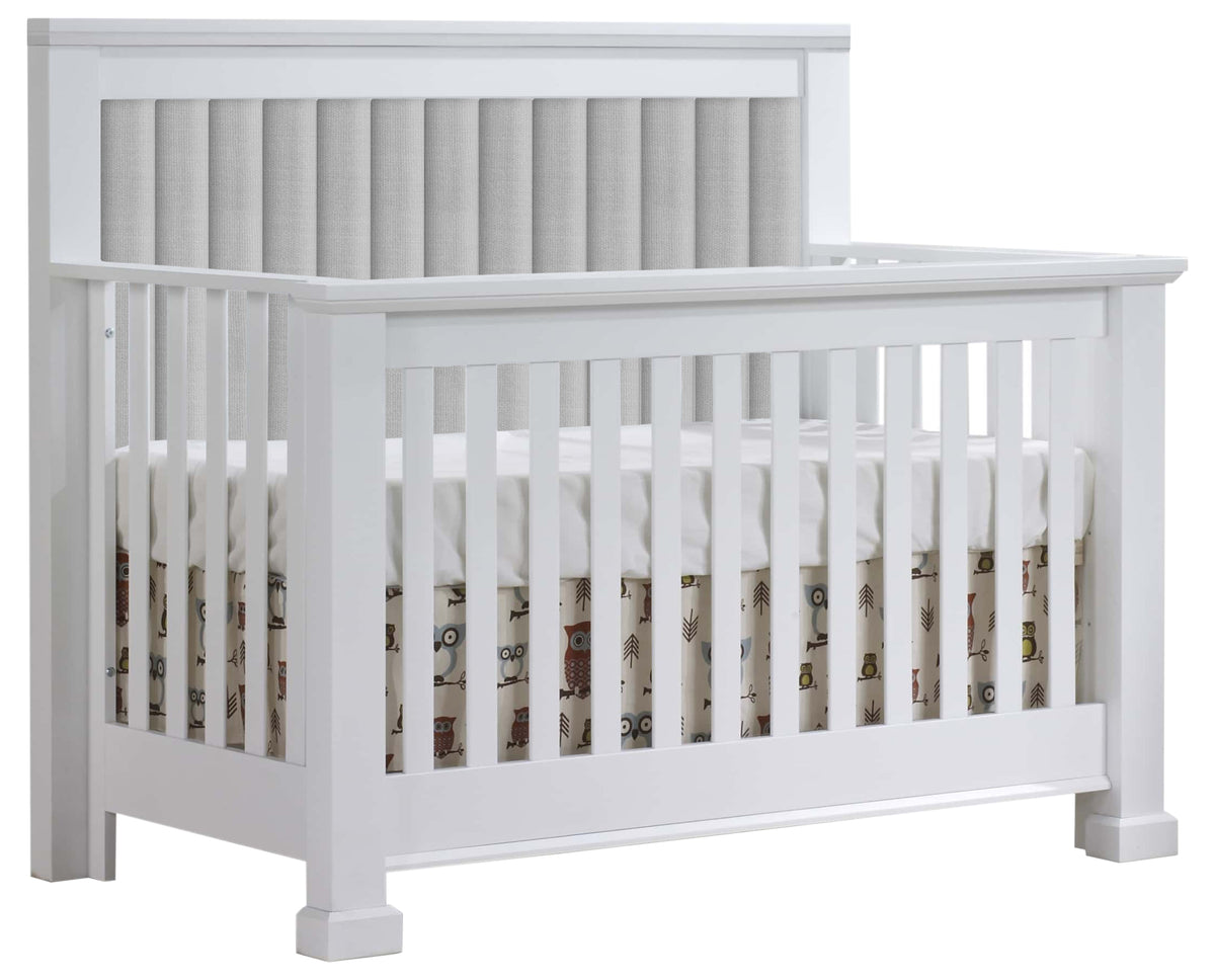 White Birch with Linen Grey Fabric | Taylor 5-in-1 Convertible Crib w/Upholstered Headboard Panel | Valley Ridge Furniture