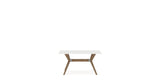 Canadel Downtown Fjord Dining Table in Pecan Washed, Snow WH Glass, side view