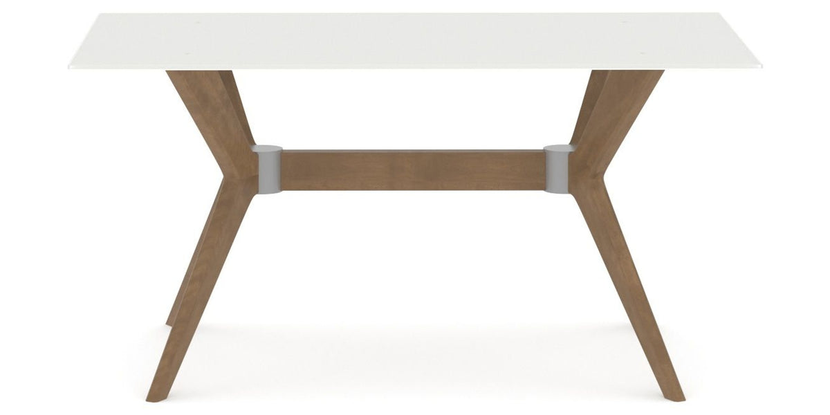 Canadel Downtown Fjord Dining Table in Pecan Washed, Snow WH Glass, side view