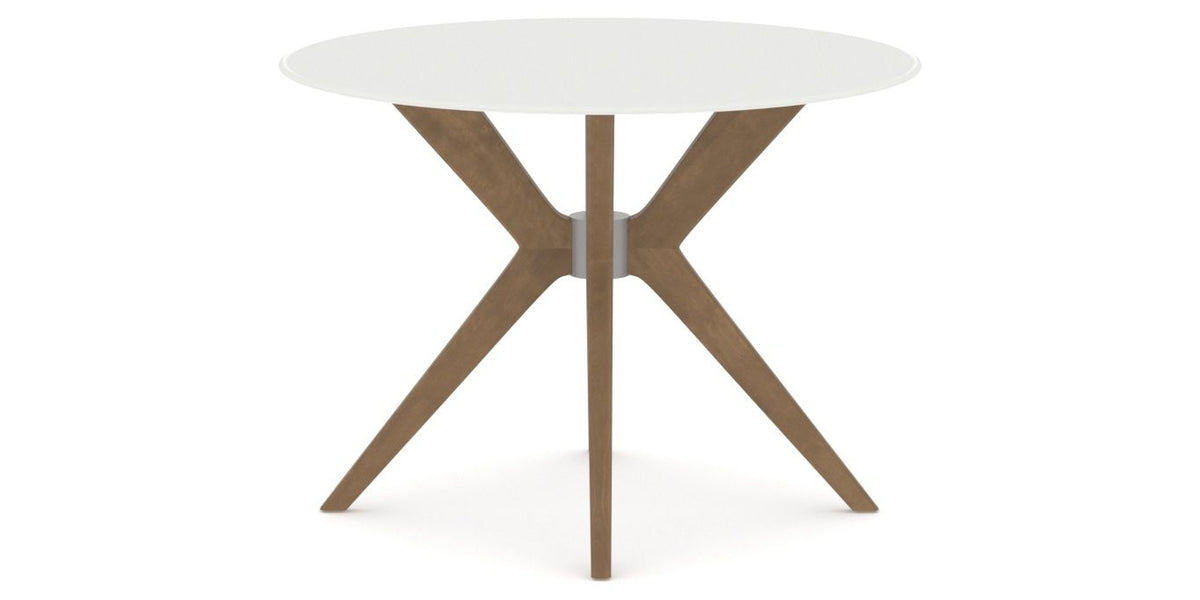 Canadel Downtown X Base Dining Table in Pecan Washed, Snow WH Glass, 42 in, side view