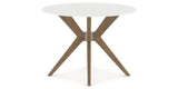 Canadel Downtown X Base Dining Table in Pecan Washed, Snow WH Glass, 42 in, side view
