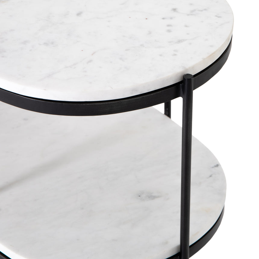 Polished White Marble with Hammered Grey Iron w/Clear Powder Coat | Felix Oval Nightstand | Valley Ridge Furniture