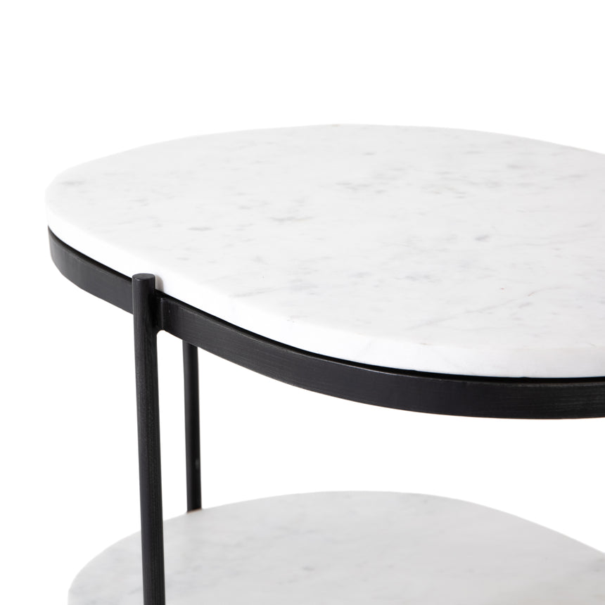 Polished White Marble with Hammered Grey Iron w/Clear Powder Coat | Felix Oval Nightstand | Valley Ridge Furniture