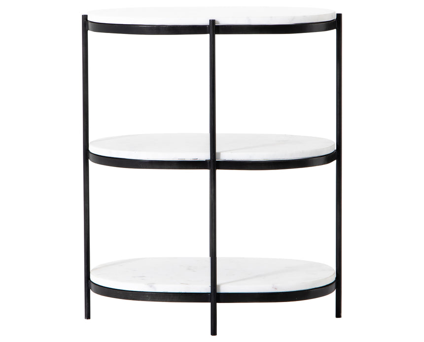 Polished White Marble with Hammered Grey Iron w/Clear Powder Coat | Felix Oval Nightstand | Valley Ridge Furniture