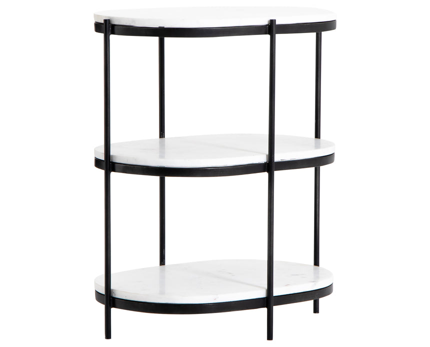 Polished White Marble with Hammered Grey Iron w/Clear Powder Coat | Felix Oval Nightstand | Valley Ridge Furniture