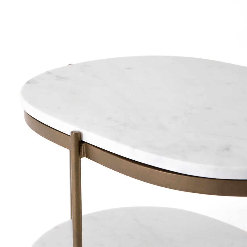 Polished White Marble with Antique Brass Iron | Felix Oval Nightstand | Valley Ridge Furniture