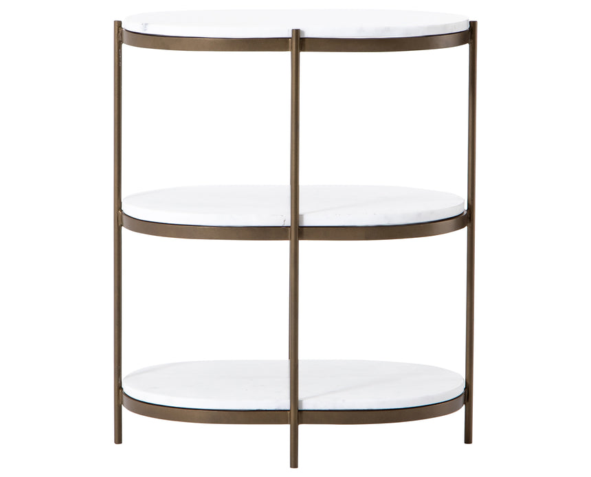 Polished White Marble with Antique Brass Iron | Felix Oval Nightstand | Valley Ridge Furniture