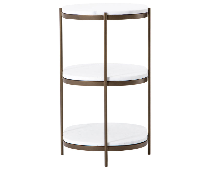 Polished White Marble with Antique Brass Iron | Felix Oval Nightstand | Valley Ridge Furniture
