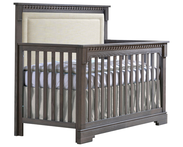 Grigio Brushed Oak with Talc Fabric | Ithaca 5-in-1 Convertible Crib w/Upholstered Headboard Panel | Valley Ridge Furniture