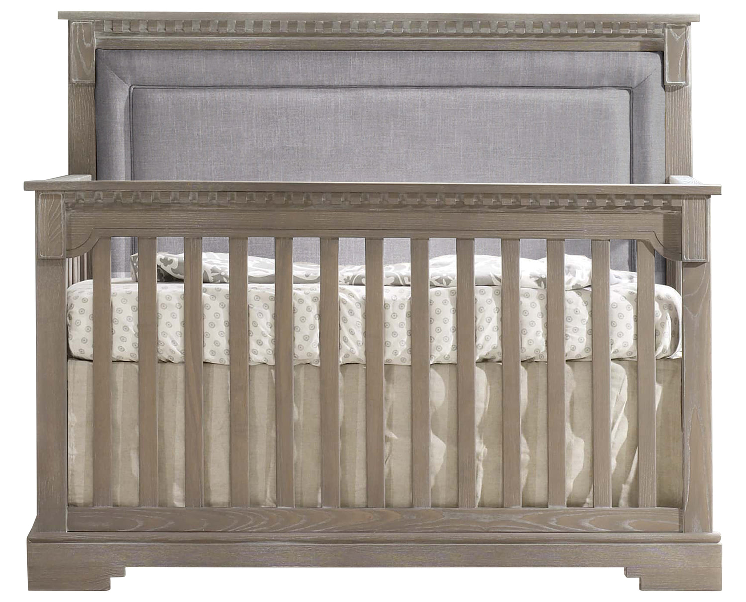 Owl Brushed Oak with Fog Fabric | Ithaca 5-in-1 Convertible Crib w/Upholstered Headboard Panel | Valley Ridge Furniture