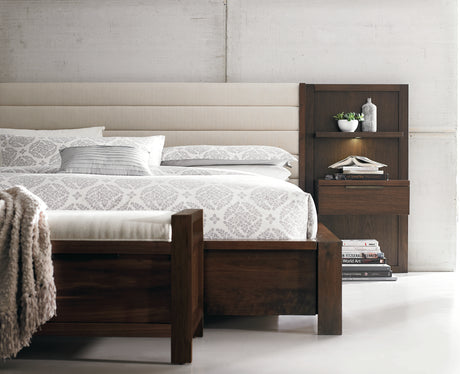 West Bros Phase Nightstand Panel Assembly in 80 Walnut, shelf and drawer detail