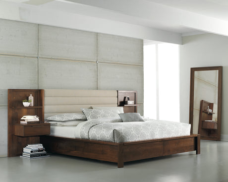 West Bros Phase Nightstand Panel Assembly in 80 Walnut, beside the bed in a room setting