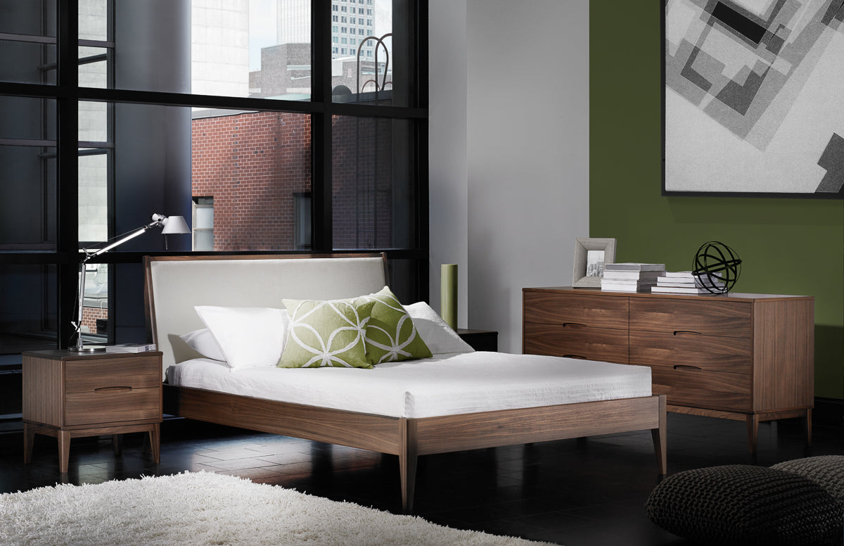 Natural Walnut with Comrade Fabric (Upholstered Panel) | Mobican Leila Bed | Valley Ridge Furniture