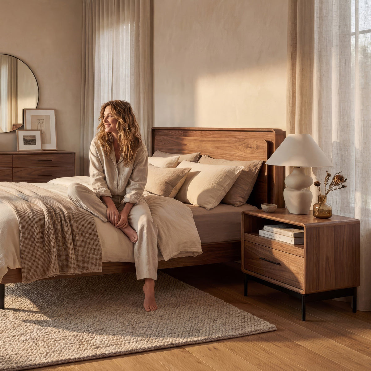 BDi Linq Nightstand in Natural Walnut, 28-inch, beside a bed with a woman sitting on it