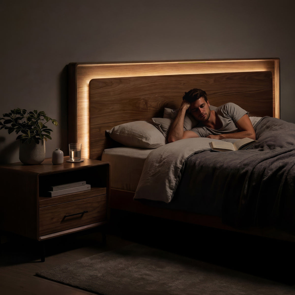 BDi Linq Nightstand in Natural Walnut, 28-inch, beside a bed at night